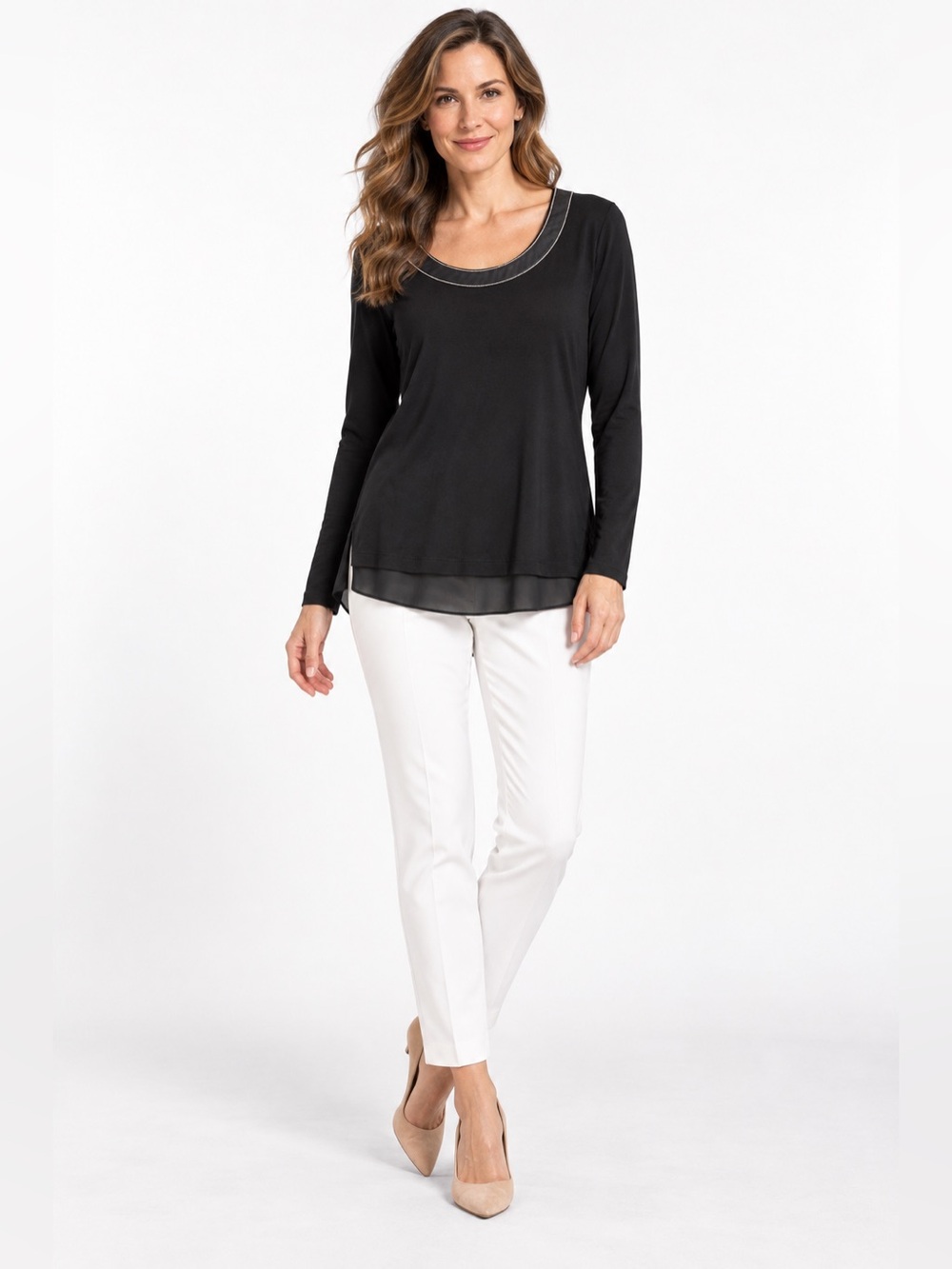 WHBM Black Silver Trim Layered Hem Top S
